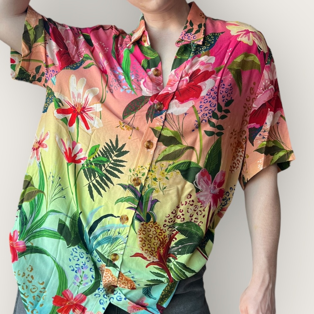 Farm Rio Button Down Oversized Shirt. Multi Colored. Size L